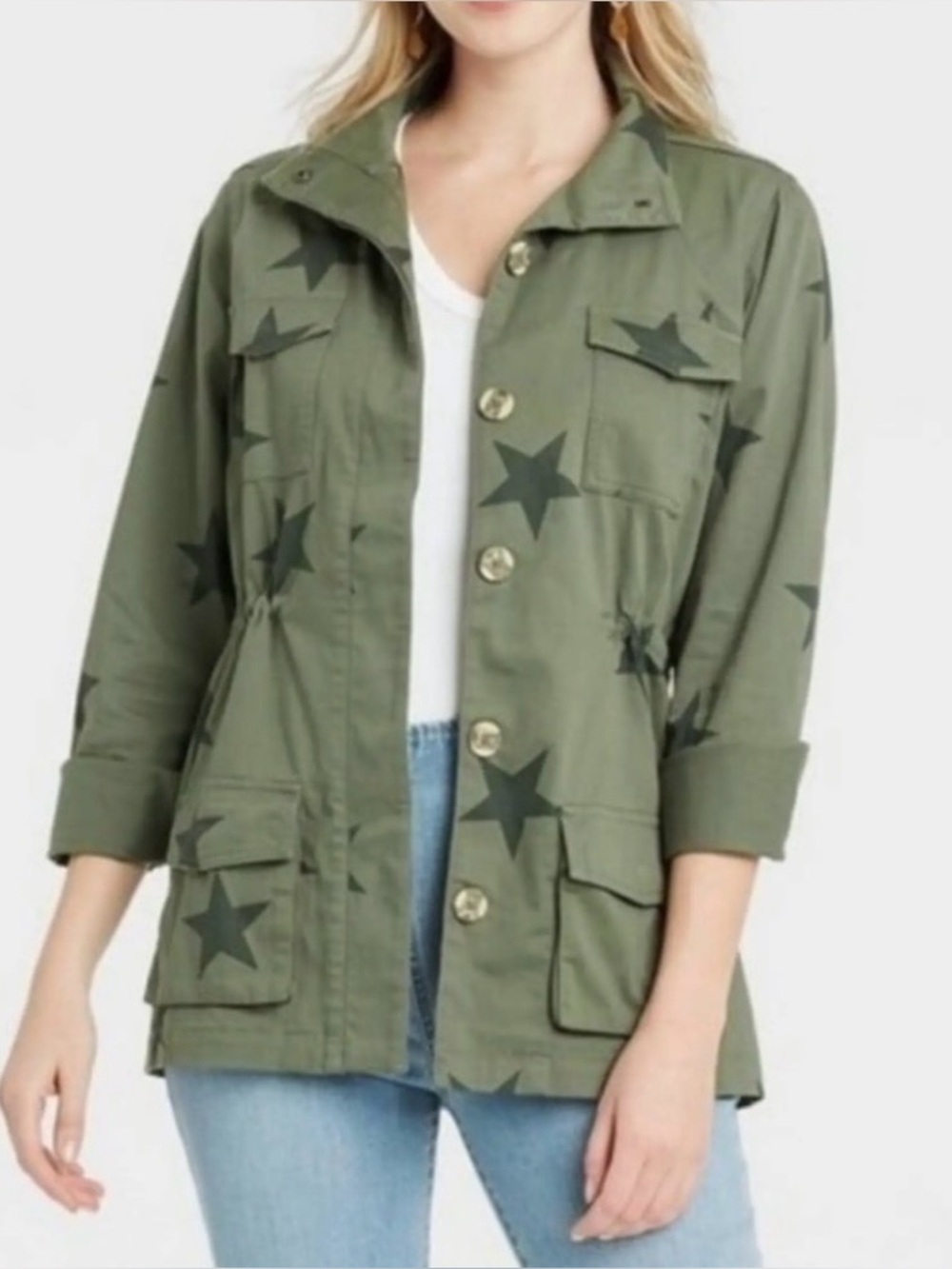 Knox Rose Olive Green Star Print Utility Jacket With Cinch Waist (SKU610)